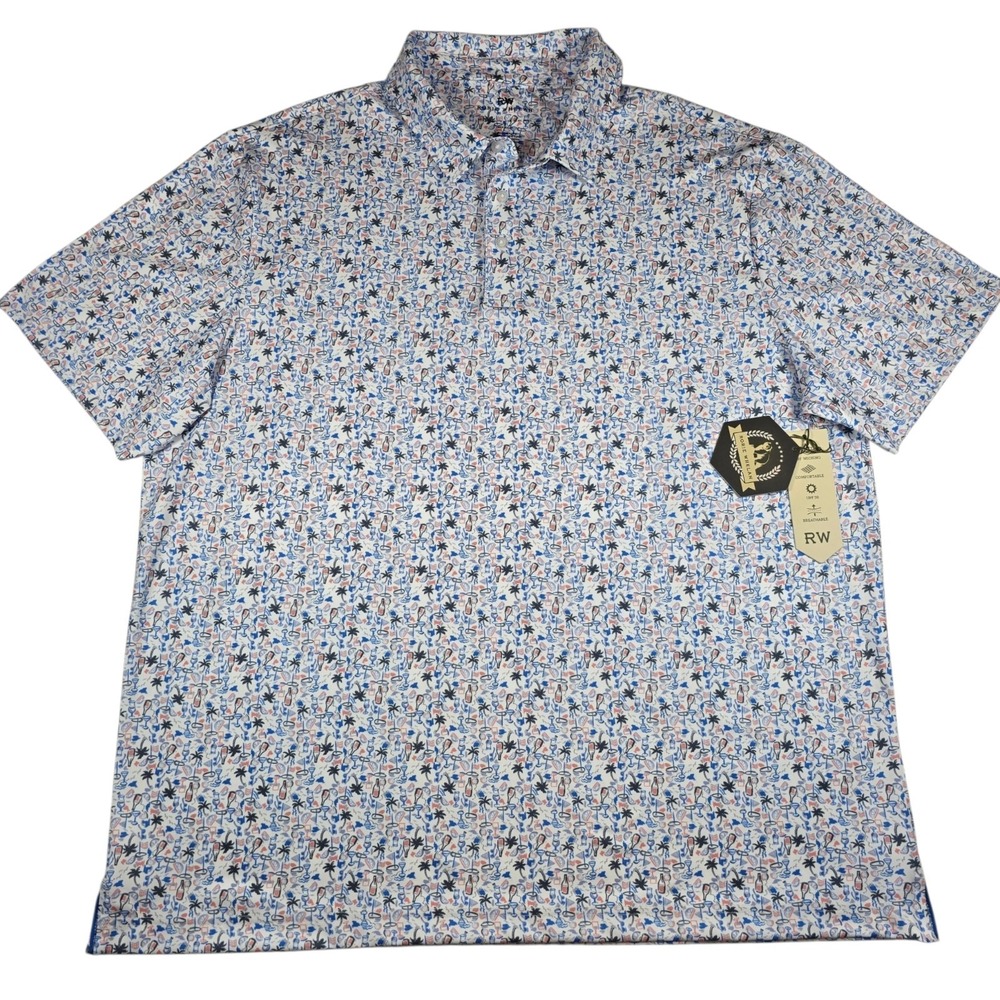 Rorie Whelan Cocktails Palms & Pins AOP Performance Golf Polo- Men's Size XL NWT